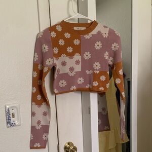 Daisy Patchwork Crew Neck Sweater - Pink and Orange